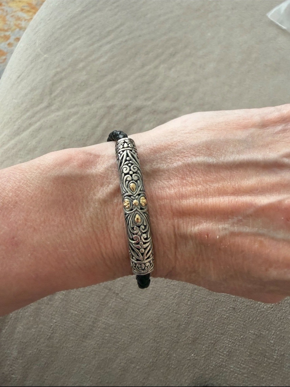Bali Silver Filigree Bracelet with Gold Accents on Black Cord
